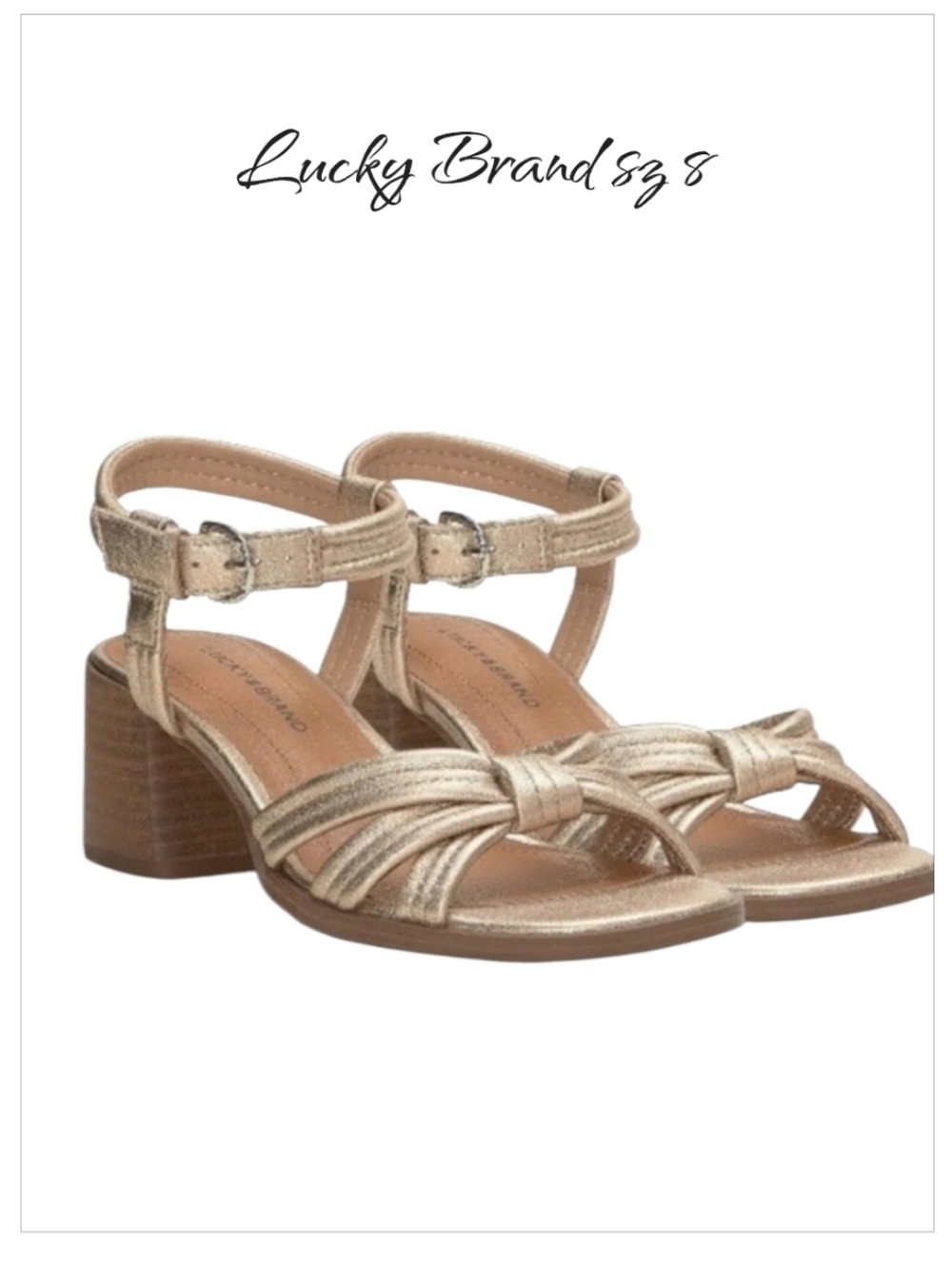 Lucky Brand Jolenne Metallic Gold Leather Knotted Block Heel Sandals sz 8